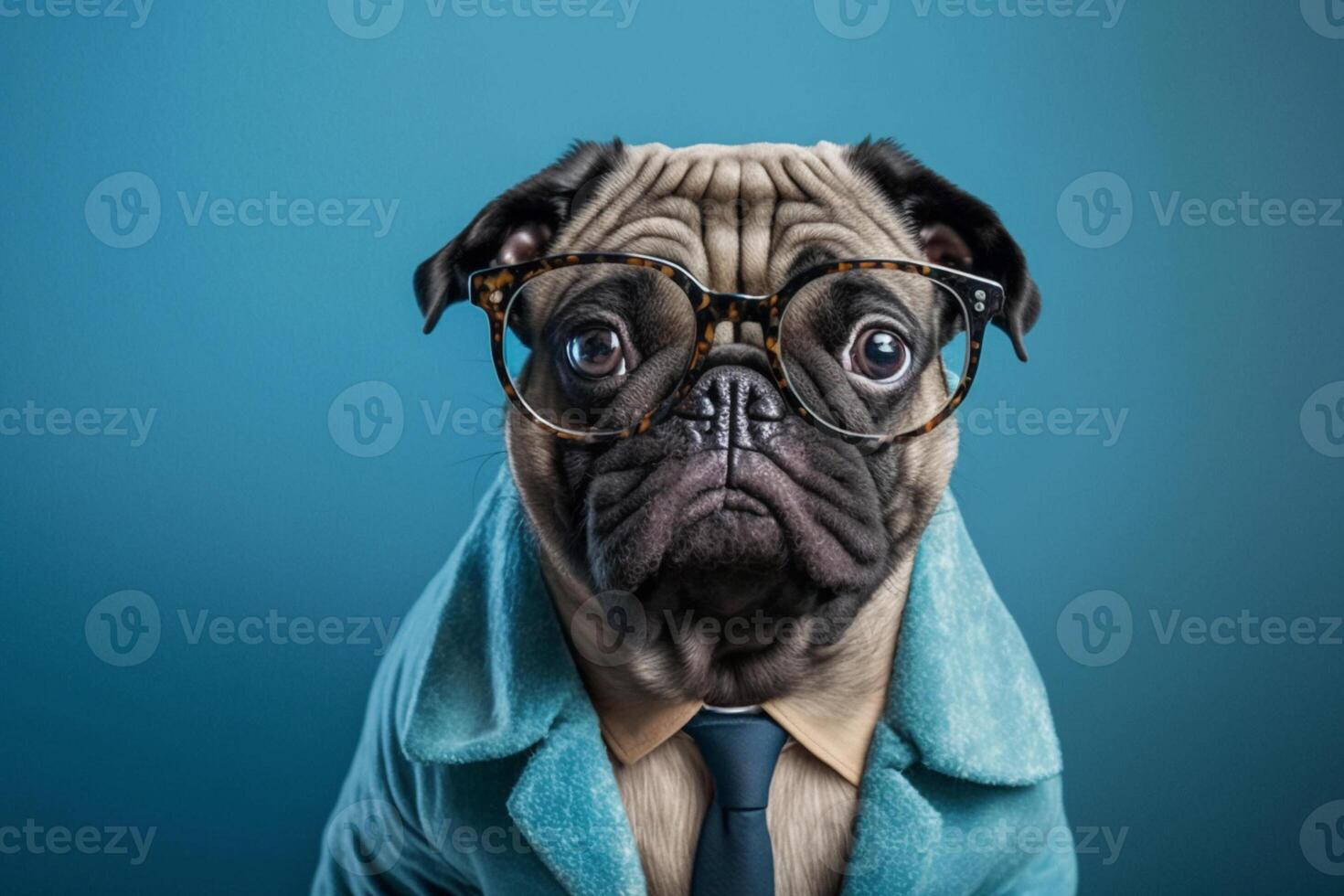 Funny pug Dog wearing glasses with suit in the blue background photo