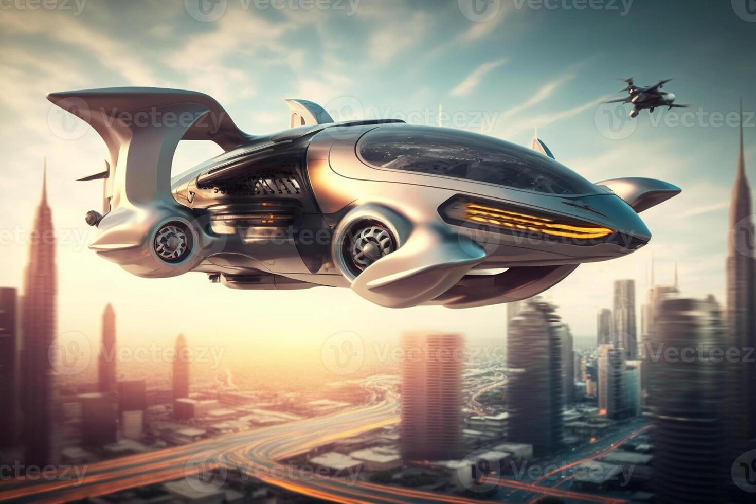 Air Vehicle Flying Above The Cityscape, Flying Car Of The Future, Air Car Concept photo