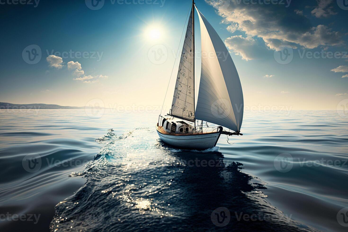 Sailing lboat at open sea in sunshine photo