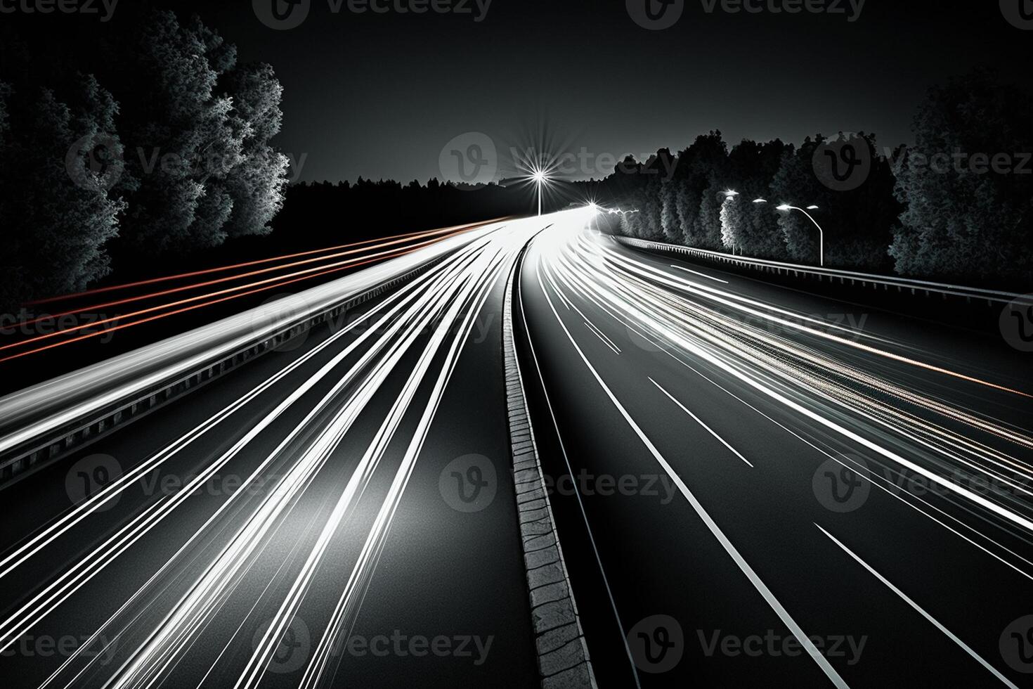 velocidad tráfico - ligero caminos en autopista autopista a noche ai generado foto