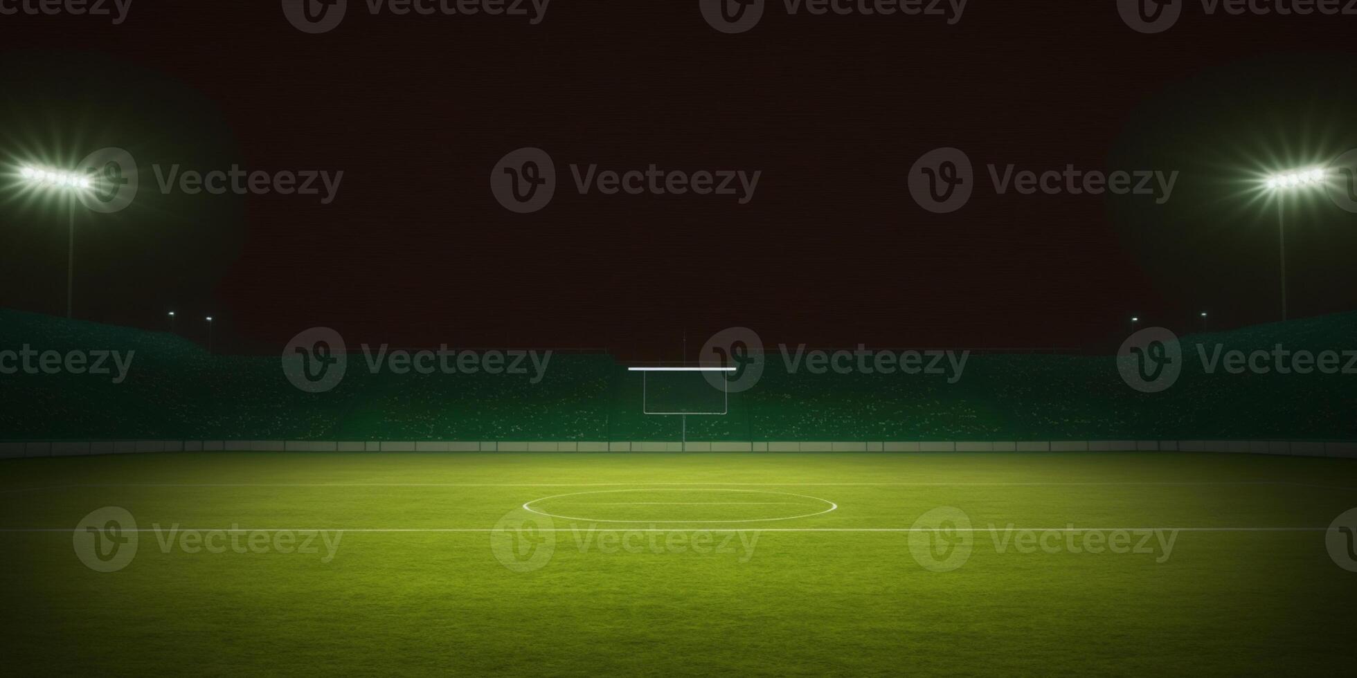 universal grass stadium illuminated by spotlights and empty green grass playground photo