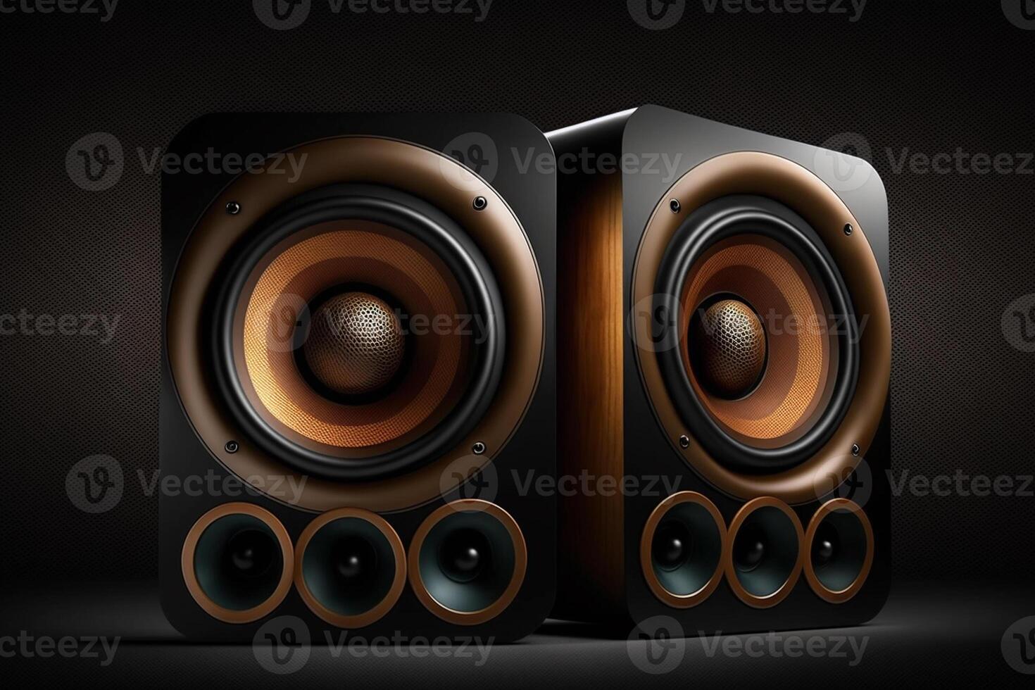 Two sound speakers with free space between them on black background photo