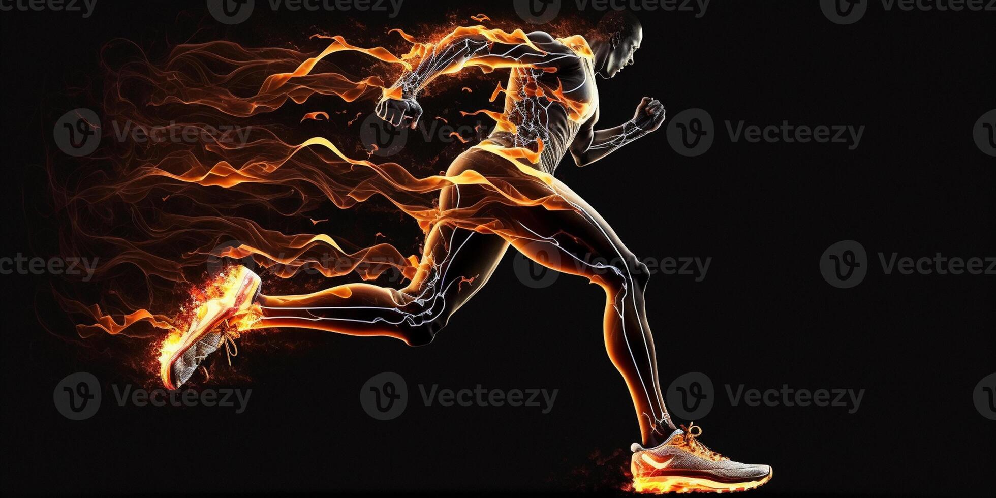 Sport. Runner. Side view of a jogger legs with the power on black, Fire and energy photo