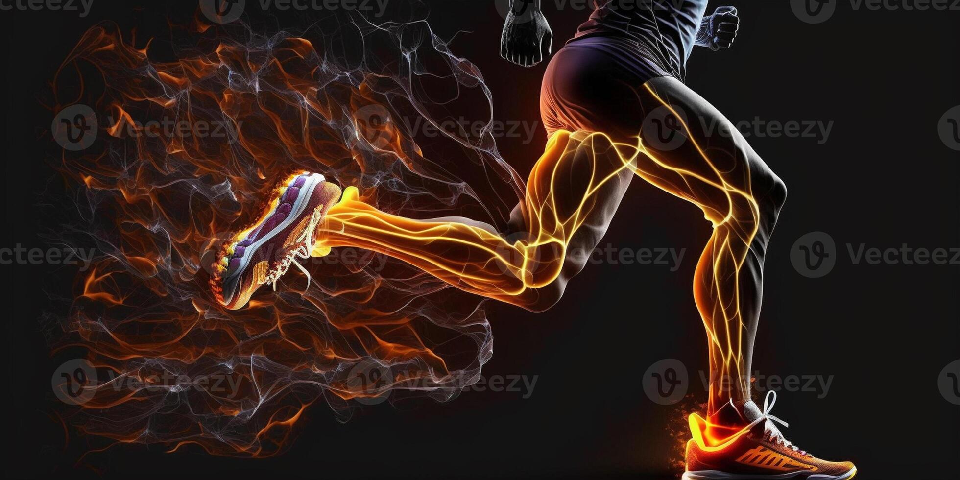 Sport. Runner. Side view of a jogger legs with the power on black, Fire and energy photo