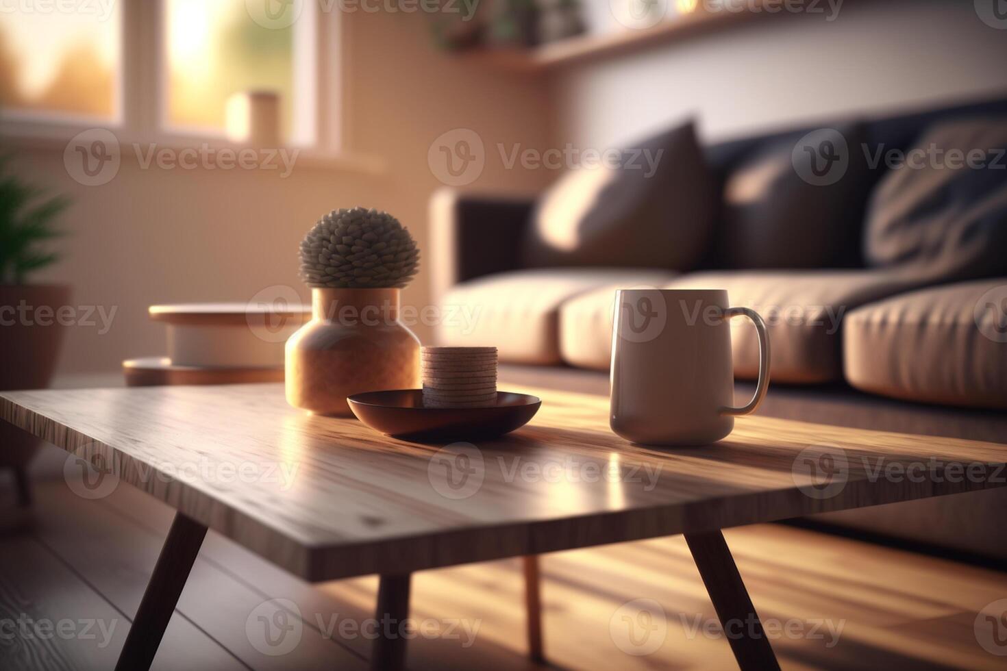 Wooden Table Top with Blur of Cozy Living Room photo