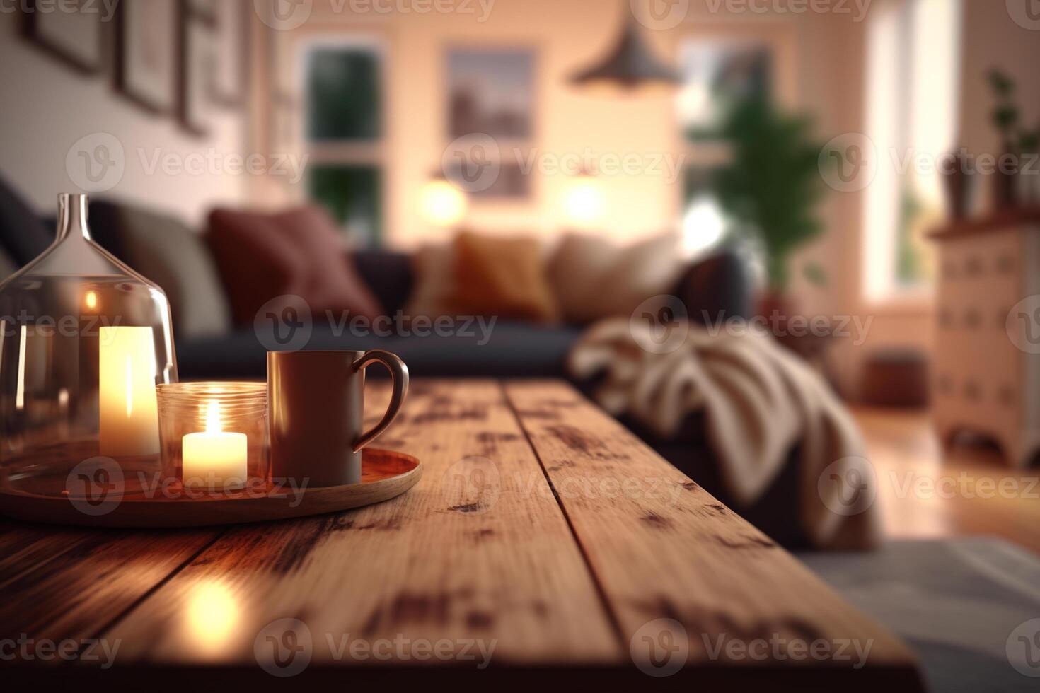 Wooden Table Top with Blur of Cozy Living Room photo