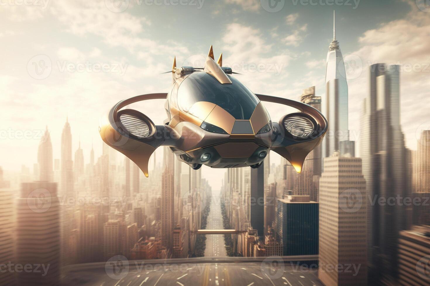 Air Vehicle Flying Above The Cityscape, Flying Car Of The Future, Air Car Concept photo