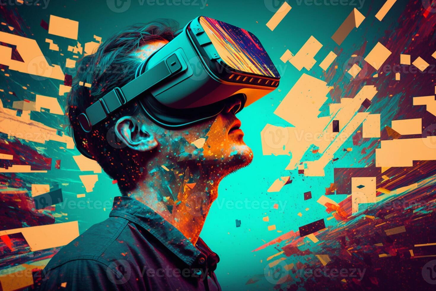 Man is using virtual reality headset. Image with glitch effect photo