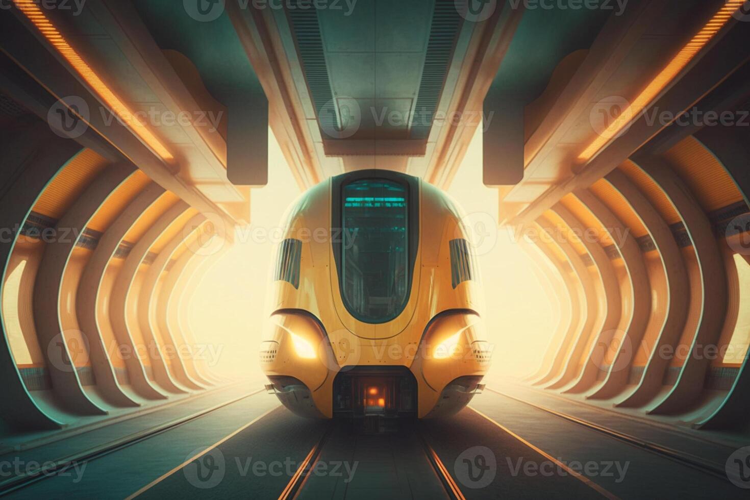 futuristic modern train, monorail fast driving in sci fi tunnel, coridor. Concept of future photo