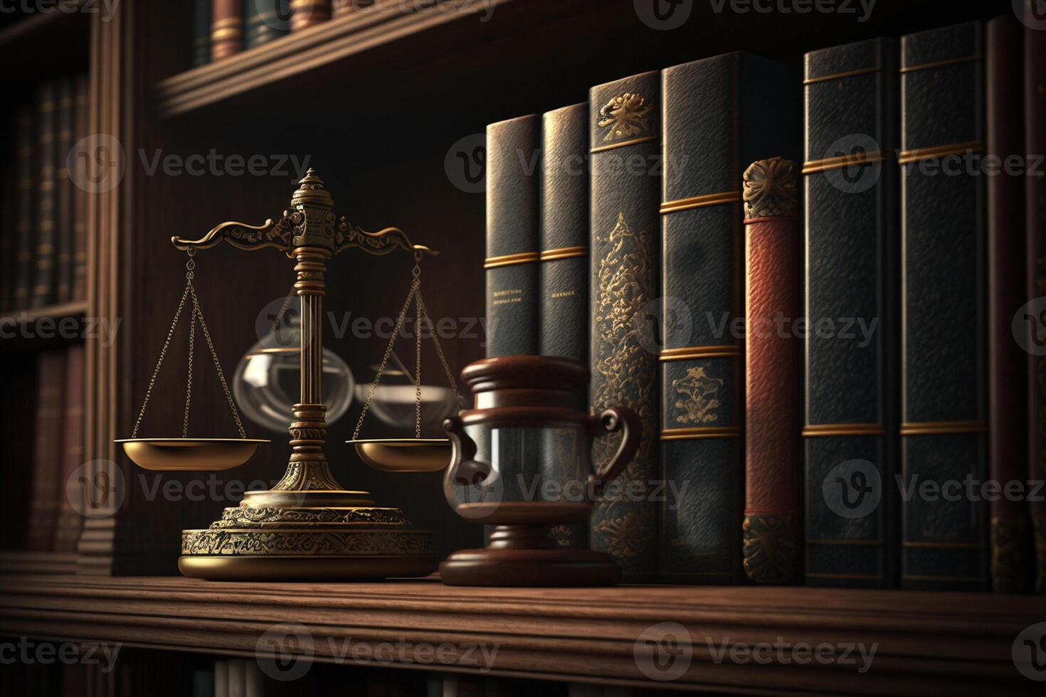 Gavel, scale and law books in the bookshelf photo