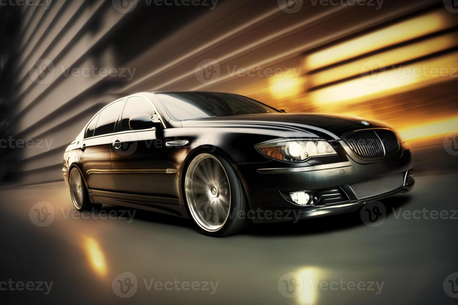 Front side view of black luxury sedan in turn, Fast Blur Background photo