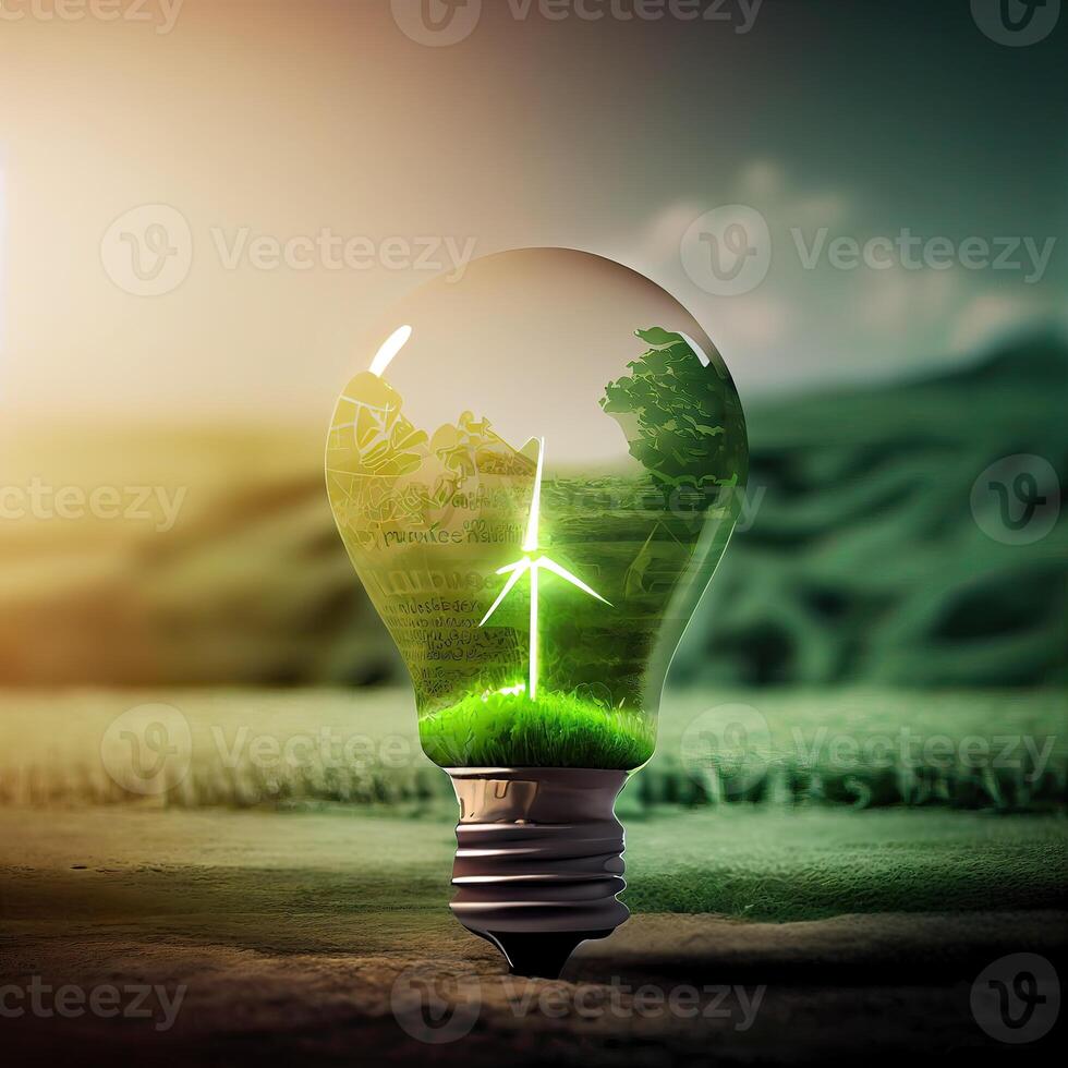 Environmental protection, renewable, sustainable energy sources. The green world map is on a light bulb that represents green energy Renewable energy that is important to the world. photo