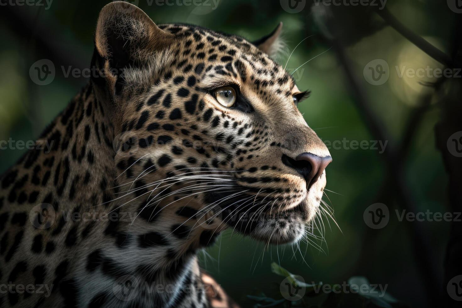 Close up young leopard portrait. Close up beautiful angry big leopard in forest. photo