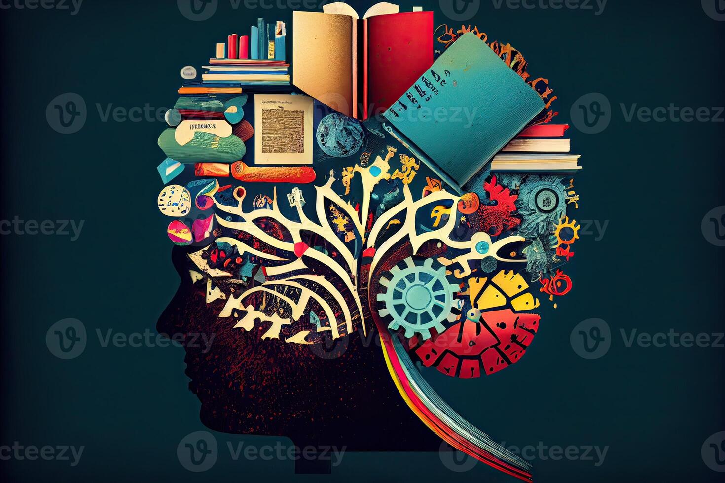 Book and Brain - modern Idea and Concept illustration Business. Idea concept with an open book, brain, and book on a green background. photo