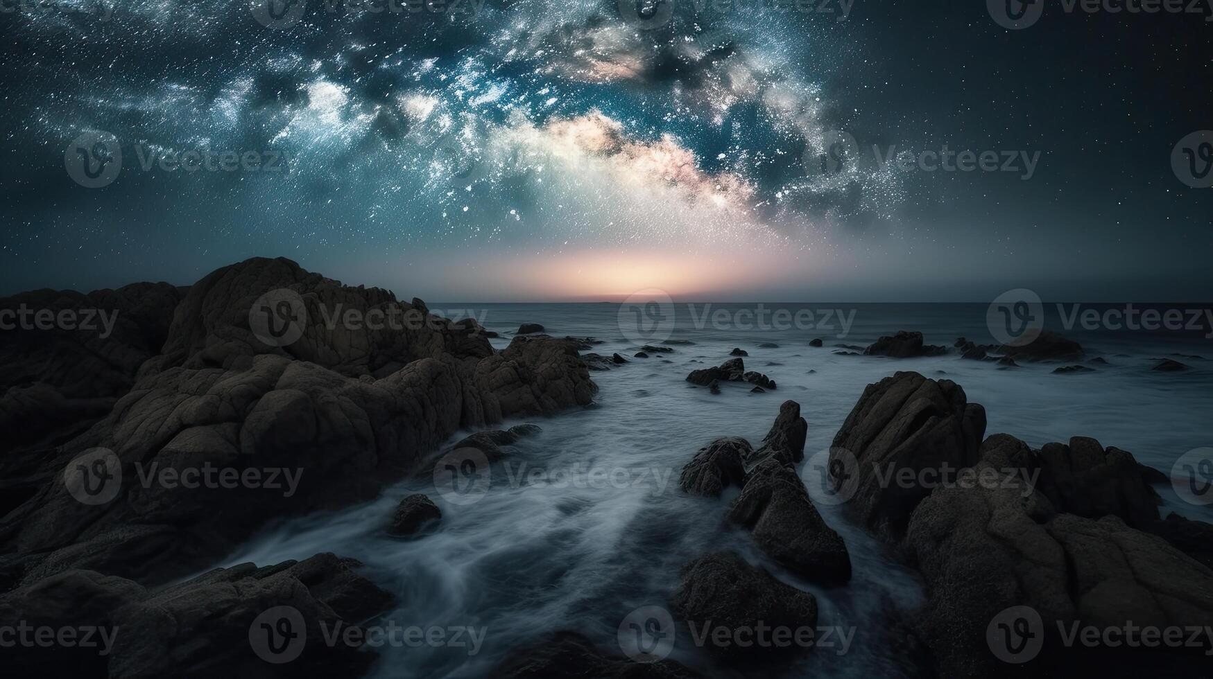 Milky Way and mountains at night. Beautiful landscape with bright milky way arch, rocky path, starry sky at night in Nepal. Trail in mountain valley, sky with stars. photo