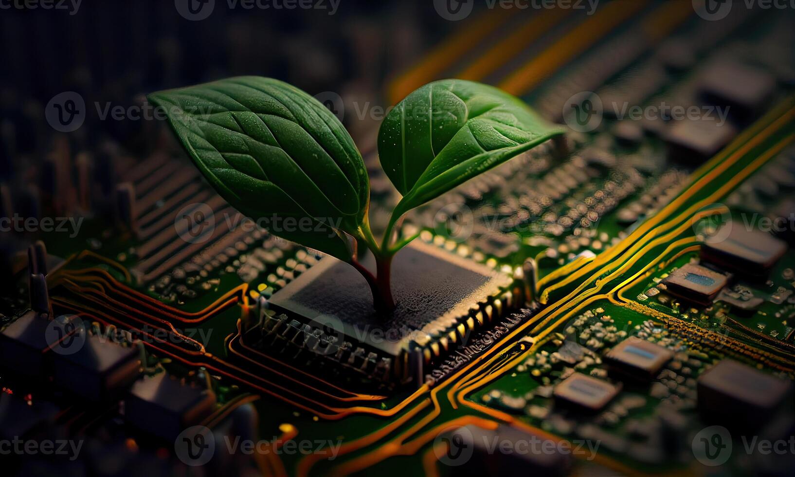 Growing tree on the converging point of acomputer circuit board. Nature with Digital Convergence and Technological Convergence. Green Computing, Green Technology, Green IT, csr, photo