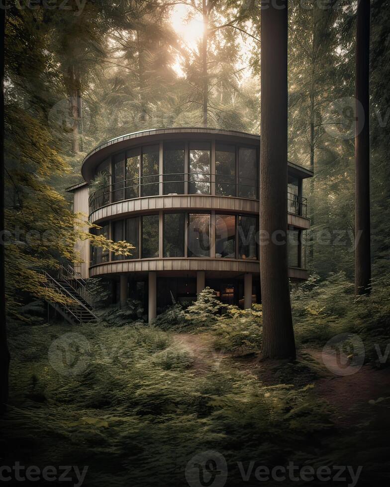 A modern house in forest perfect for isolated vacation or just a peaceful relax in the connection with nature. Modern architecture. . photo