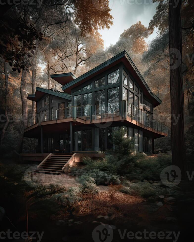 A modern house in forest perfect for isolated vacation or just a peaceful relax in the connection with nature. Modern architecture. . photo