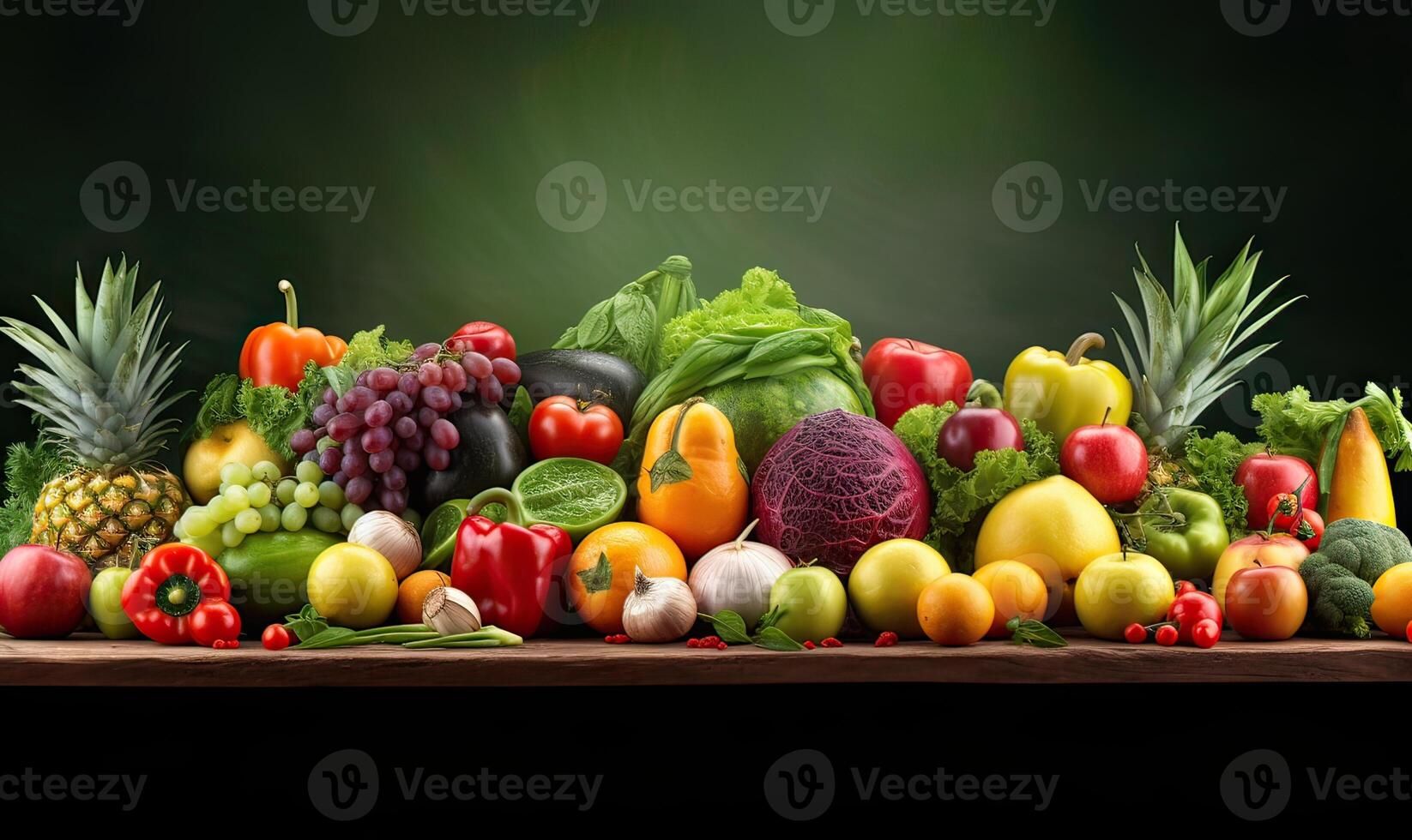 frutas, verduras, y bayas para tu diseño en verde borroso antecedentes. Fresco vegetales y frutas antecedentes. generativo ai. foto