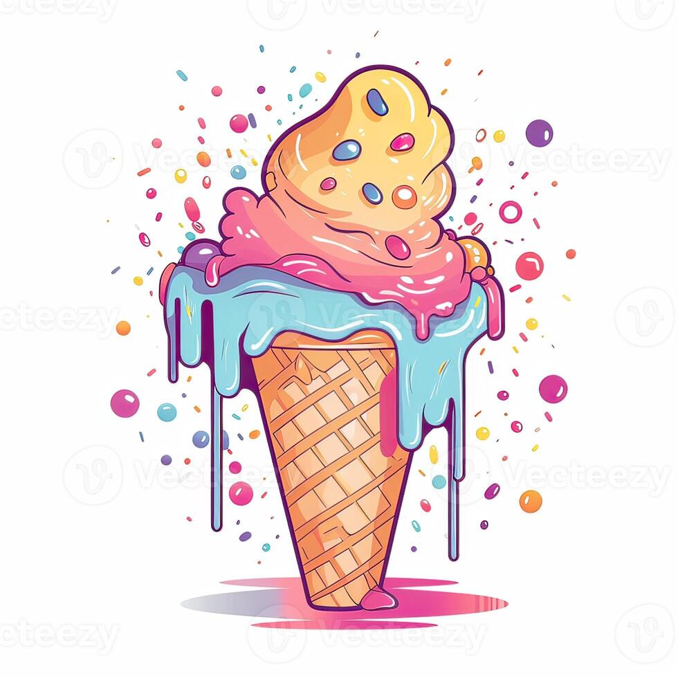 Melting ice cream balls in the waffle cone. Vector flat outline icon. Comic character in cartoon style illustration for t shirt design. . photo
