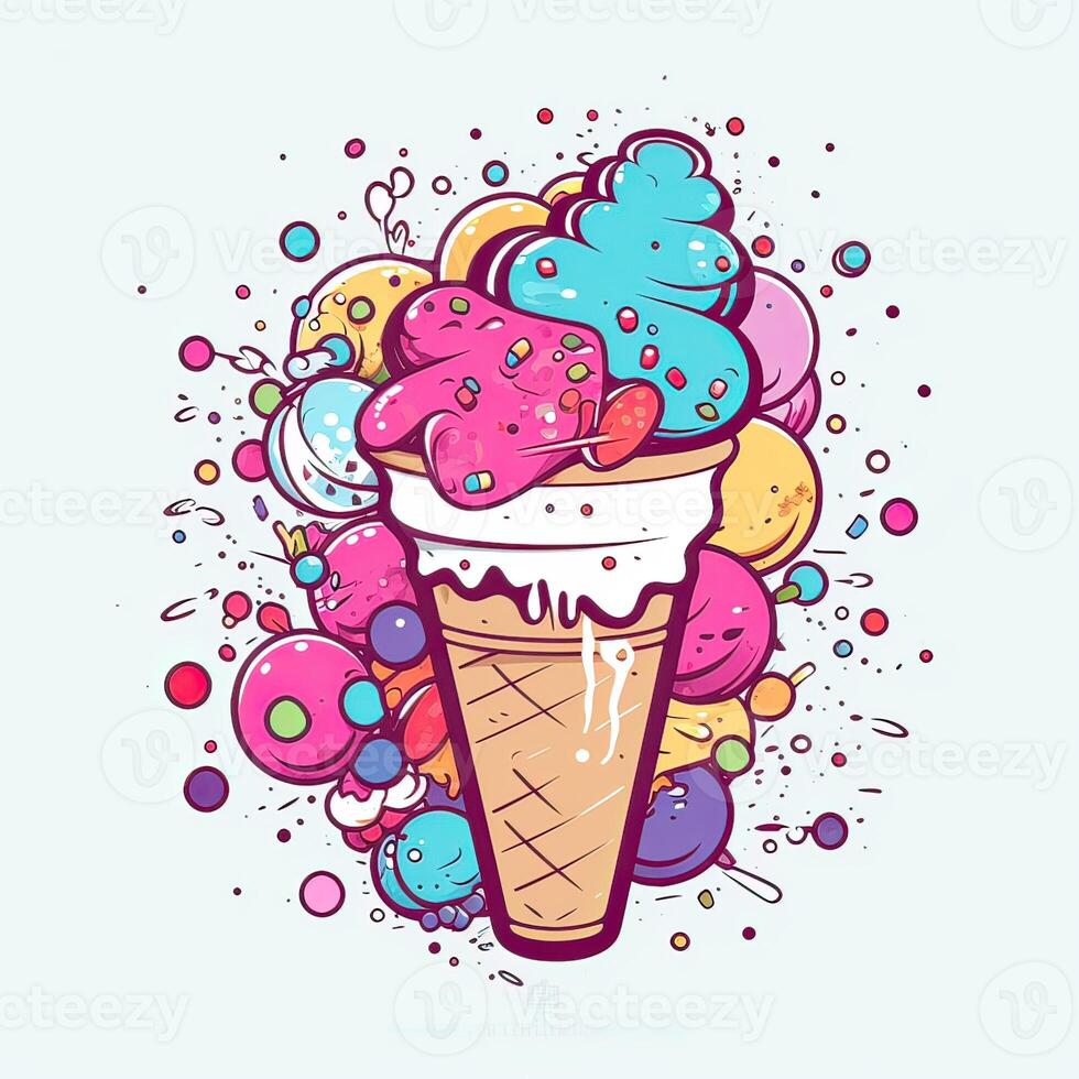 Melting ice cream balls in the waffle cone. Vector flat outline icon. Comic character in cartoon style illustration for t shirt design. . photo