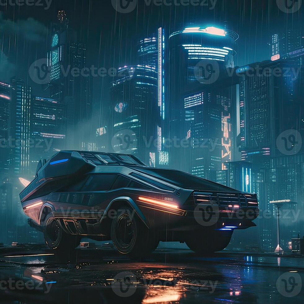 Futuristic transport vehicle with cyber punk city. . photo