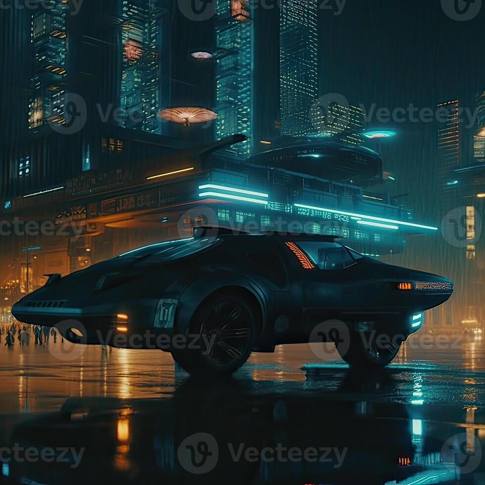 Futuristic transport vehicle with cyber punk city. . photo