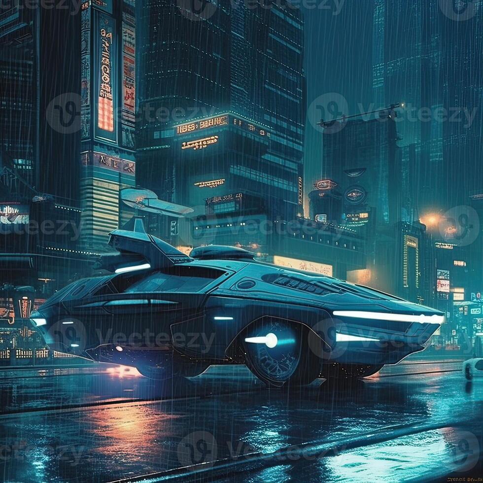 Futuristic transport vehicle with cyber punk city. . photo