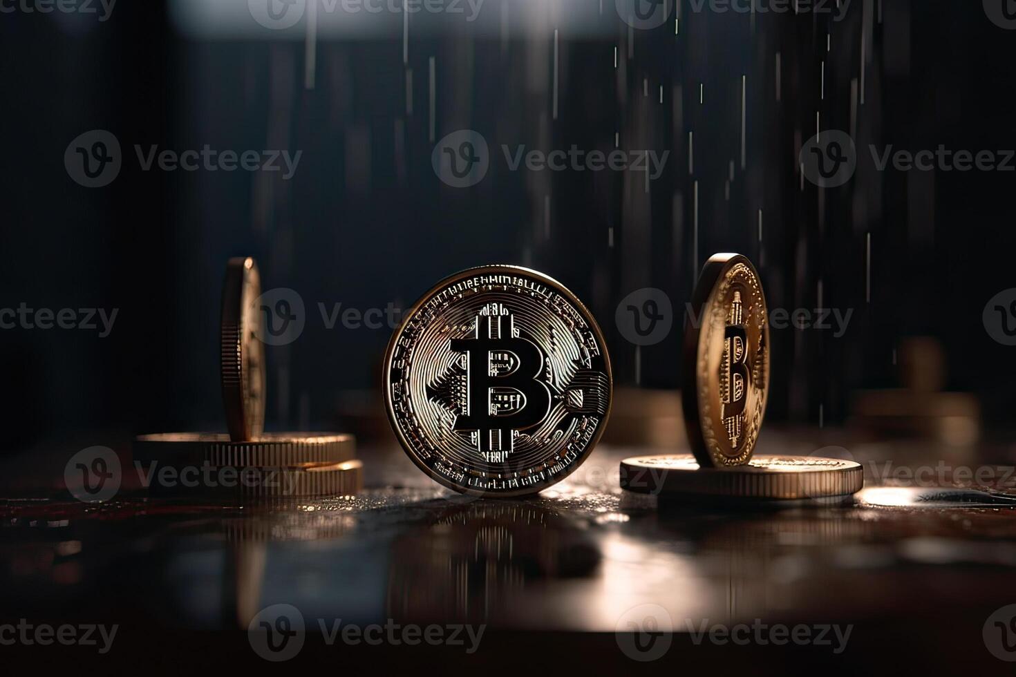 oro moneda bitcoin en un negro antecedentes. el concepto de cripto divisa. blockchain tecnología. mezclado medios de comunicación. generativo ai. foto