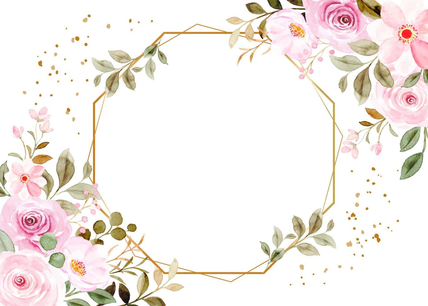 Beautiful pink rose flower gold frame with watercolor for wedding