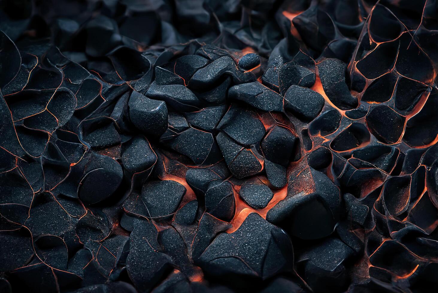 Black volcanic stones, fiery lava. Texture abstract background. photo