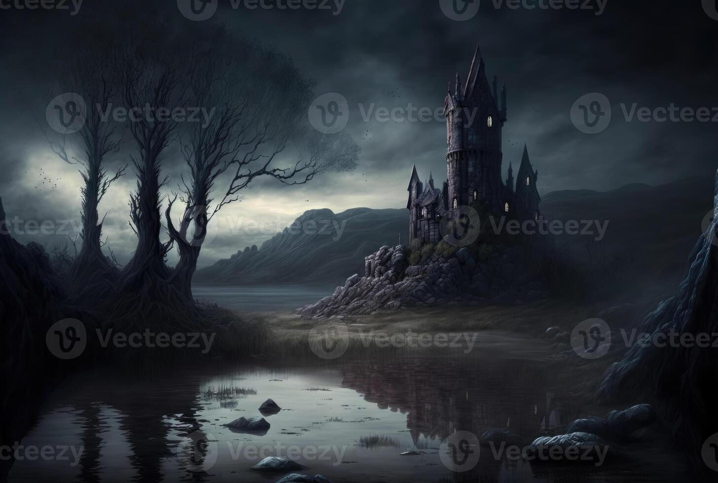 Fantasy gloomy night landscape with castle. photo