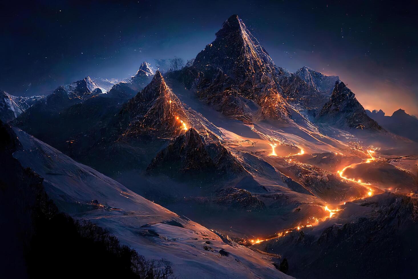 Night winter mountains landscape with lights. photo