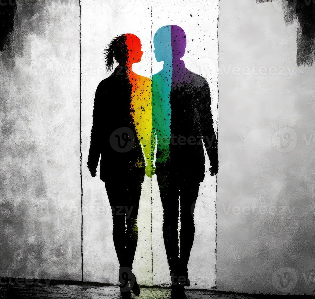 Black silhouettes with LGBTQ colors on grunge wall. photo