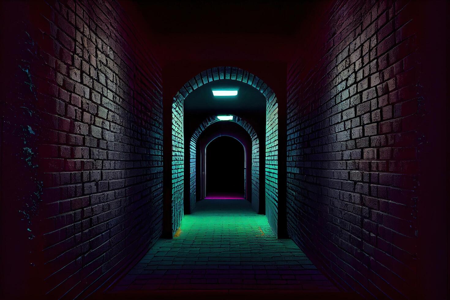 Dark night tunnel with brick walls and neon illumination. photo