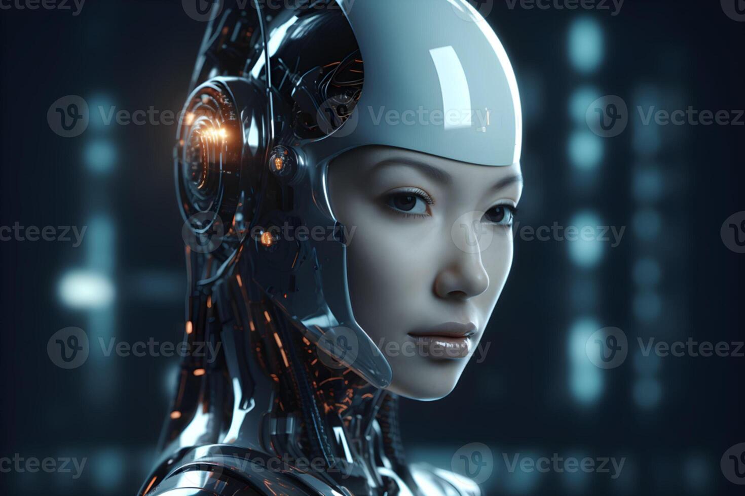 Closeup portrait of cybernetic artificial woman android robot photo