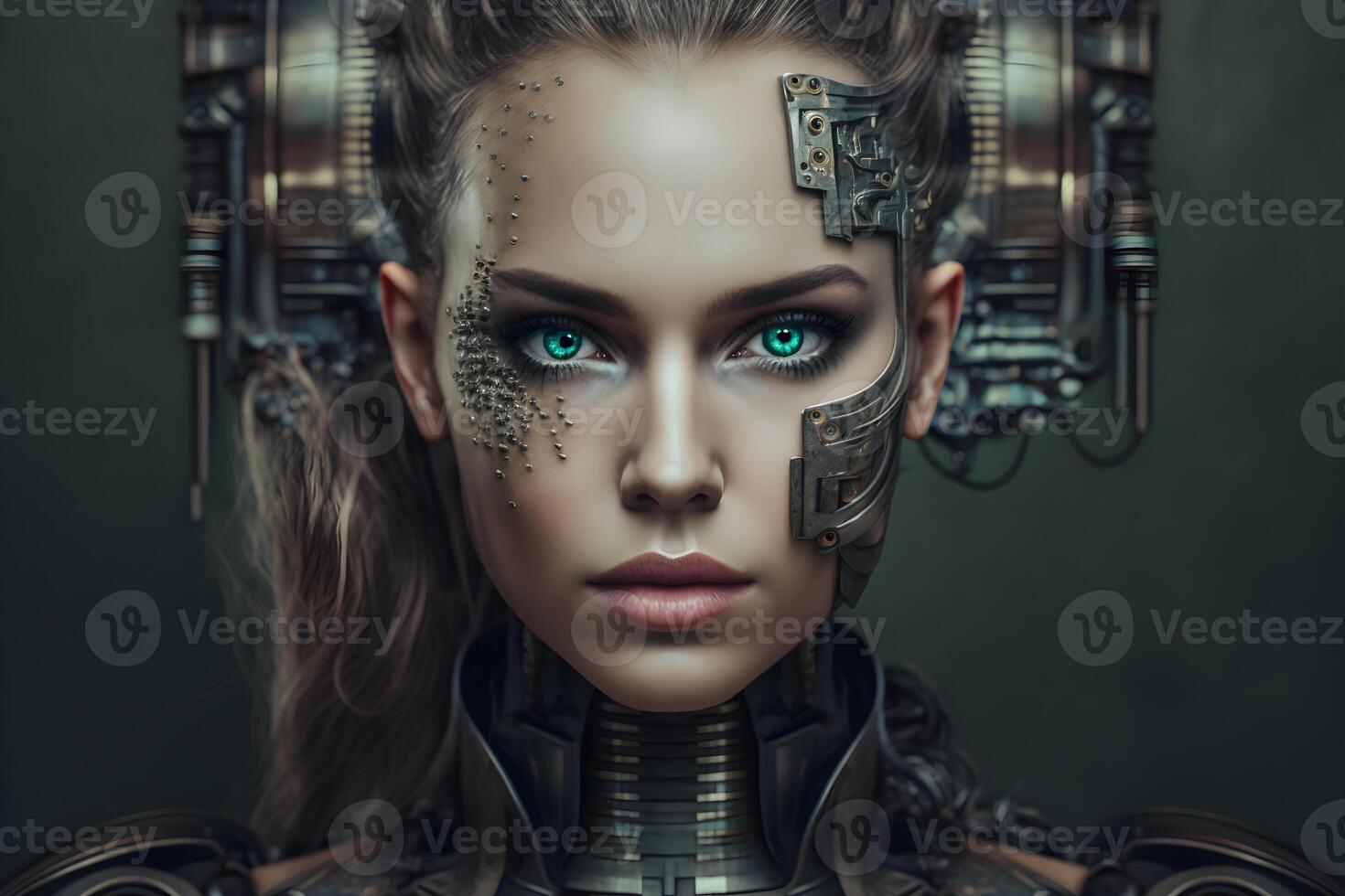 Closeup portrait of cybernetic artificial woman android robot photo