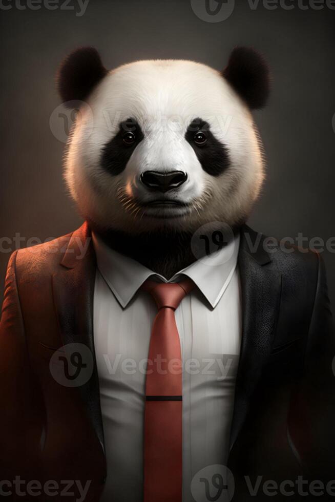 ai generado. de cerca retrato de linda panda en negro traje blanco camiseta y rojo Corbata foto