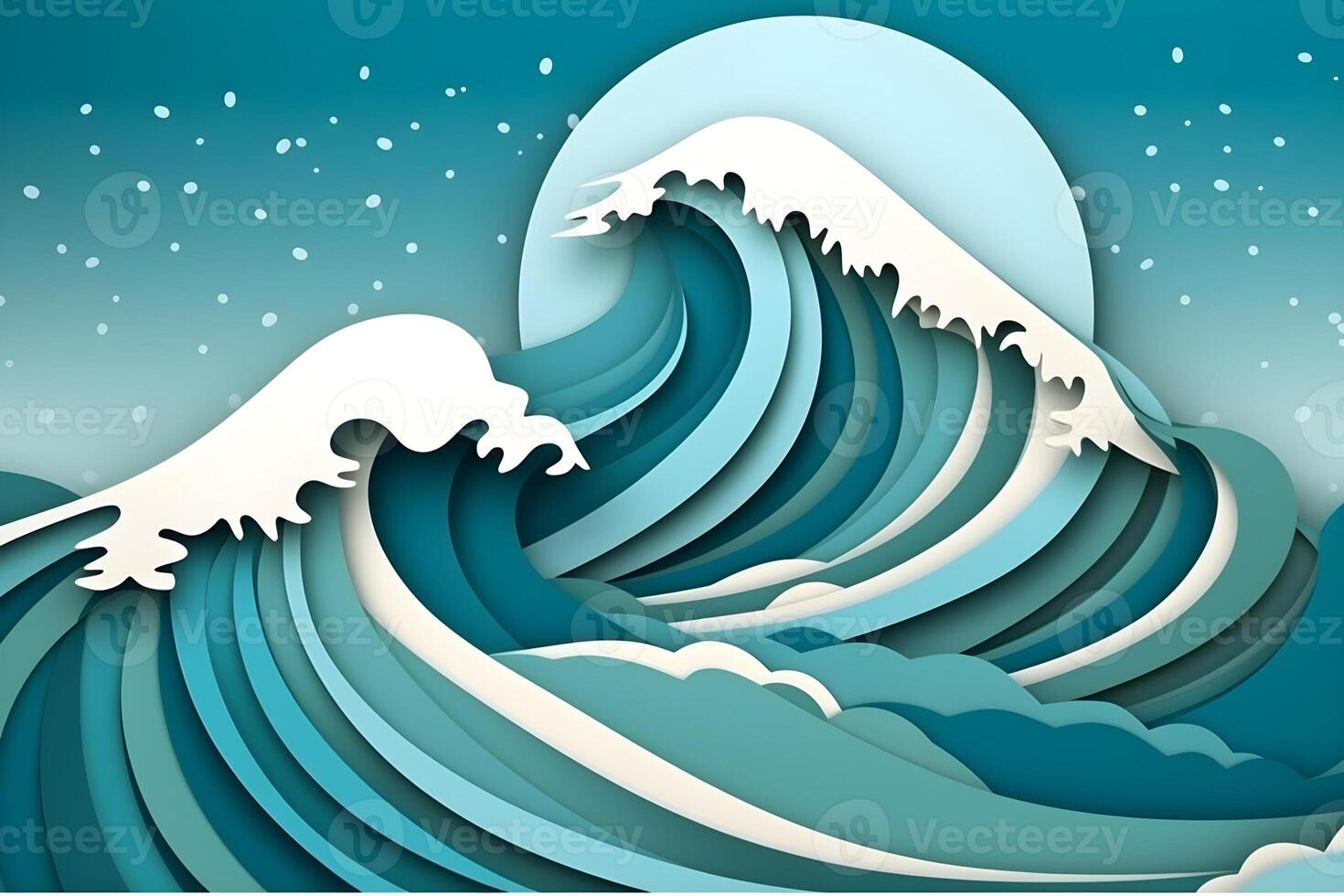 beautiful Ocean waves closeup view. different styles, paper cut, painting, drawing photo