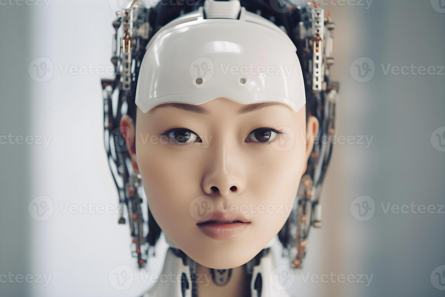 Closeup portrait of cybernetic artificial woman android robot photo