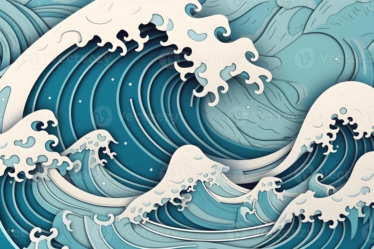 beautiful Ocean waves closeup view. different styles, paper cut, painting, drawing photo