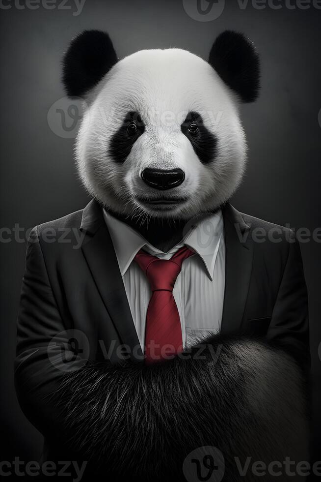 ai generado. de cerca retrato de linda panda en negro traje blanco camiseta y rojo Corbata foto