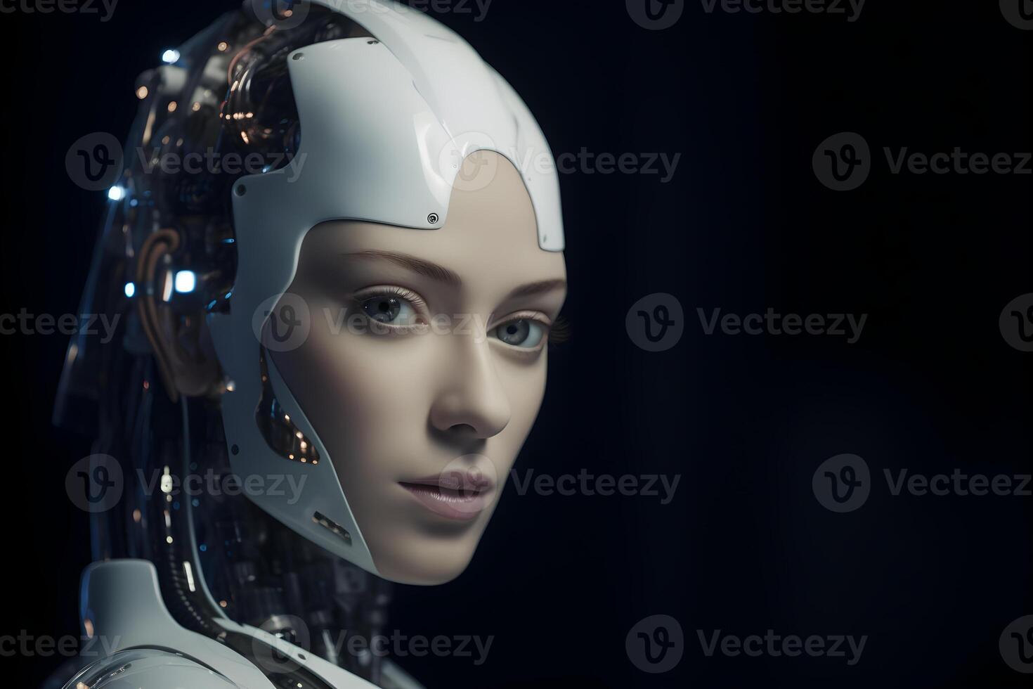 Closeup portrait of cybernetic artificial woman android robot photo