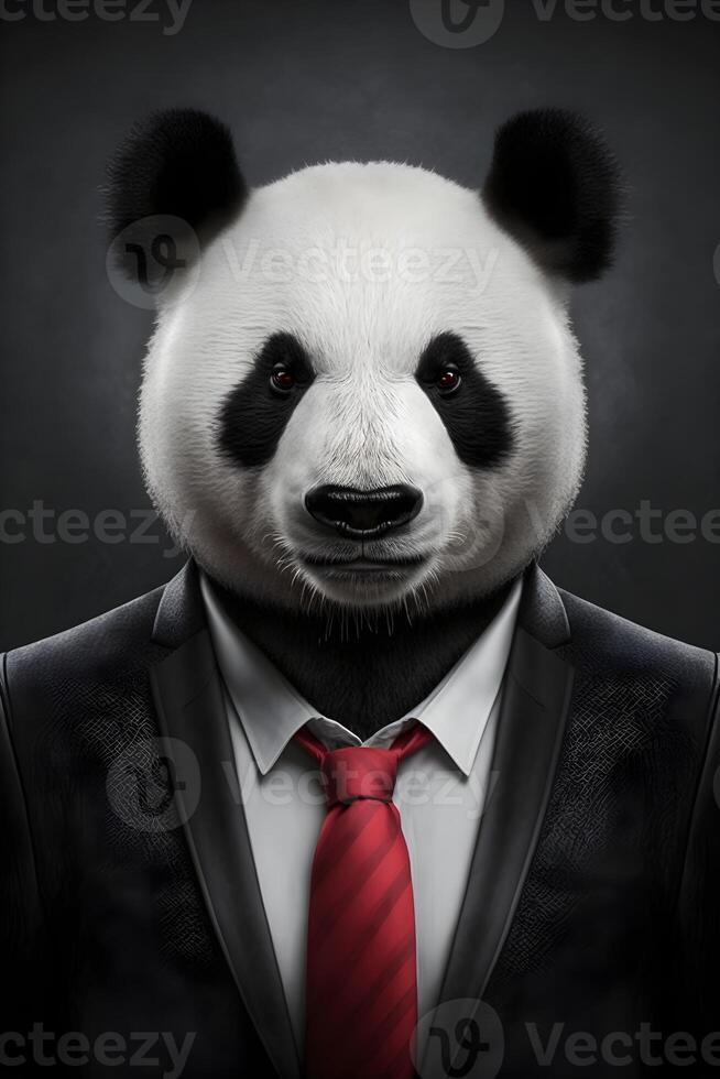 . Closeup portrait of cute panda in black suit white t-shirt and red tie photo