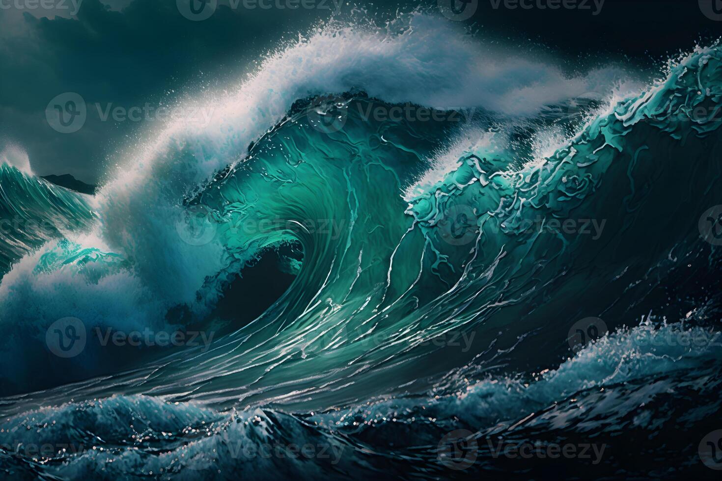 beautiful Ocean waves closeup view. different styles, paper cut, painting, drawing photo