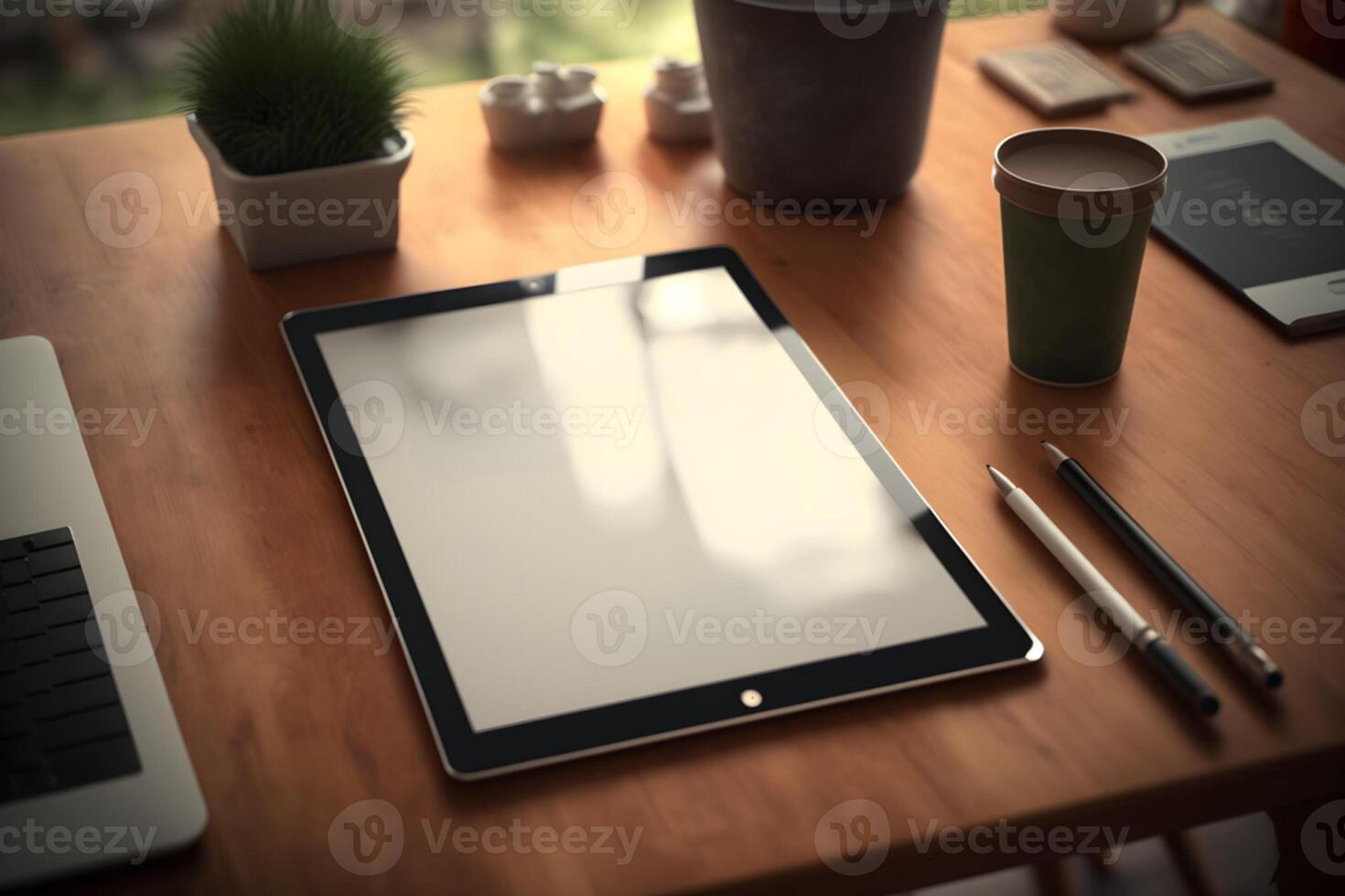 Mockup of modern laptop, smartphone, mac, pc, tablet on the table photo