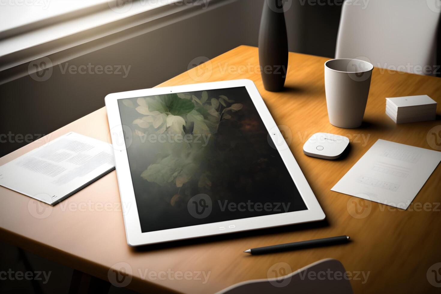Mockup of modern laptop, smartphone, mac, pc, tablet on the table photo