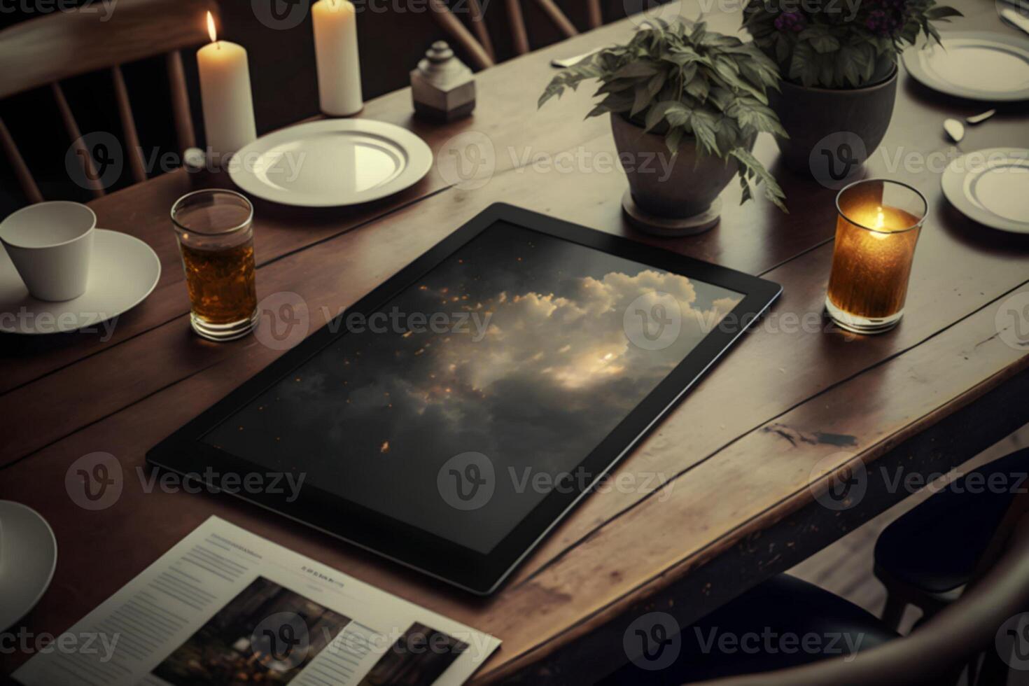 Mockup of modern laptop, smartphone, mac, pc, tablet on the table photo