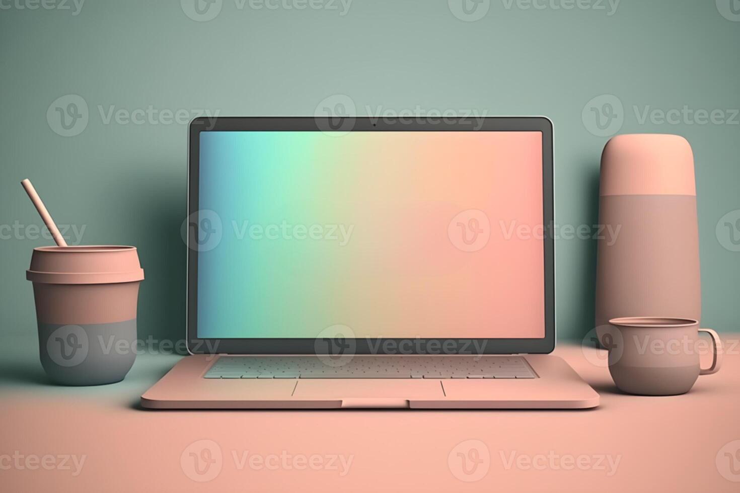 Mockup of modern laptop, smartphone, mac, pc, tablet on the table photo