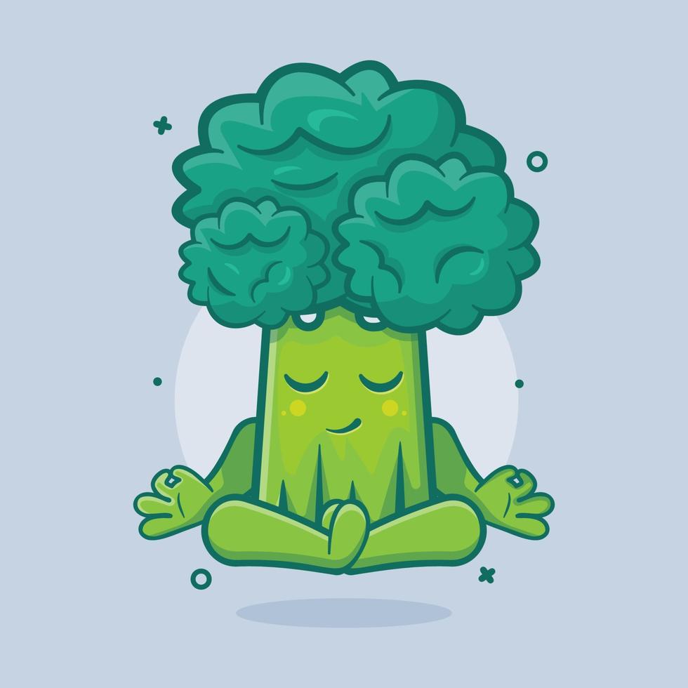 calma brócoli vegetal personaje mascota con yoga meditación actitud aislado dibujos animados en plano estilo diseño vector